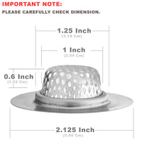 3 Pack - 2.125" Top / 1" Basket, Stainless Steel Slop, Utility, Kitchen and Bathroom Sink Strainer. 1/16" Holes.